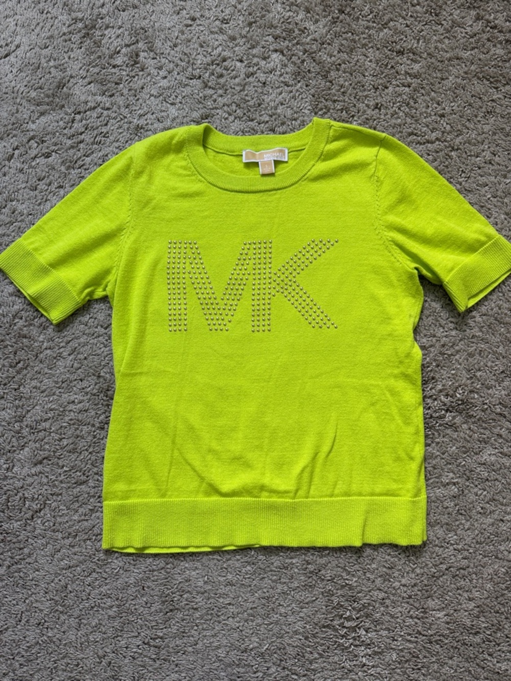 Michael Kors Neon Lime Short Sleeve Knit Top with Studded MK